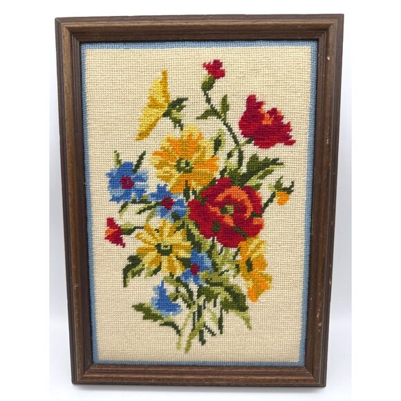 Framed embroidered wild flowers picture 15” x 11” - Picture 1 of 6